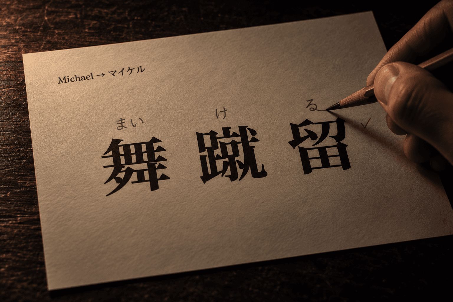 Pencilled readings above the kanji of a name