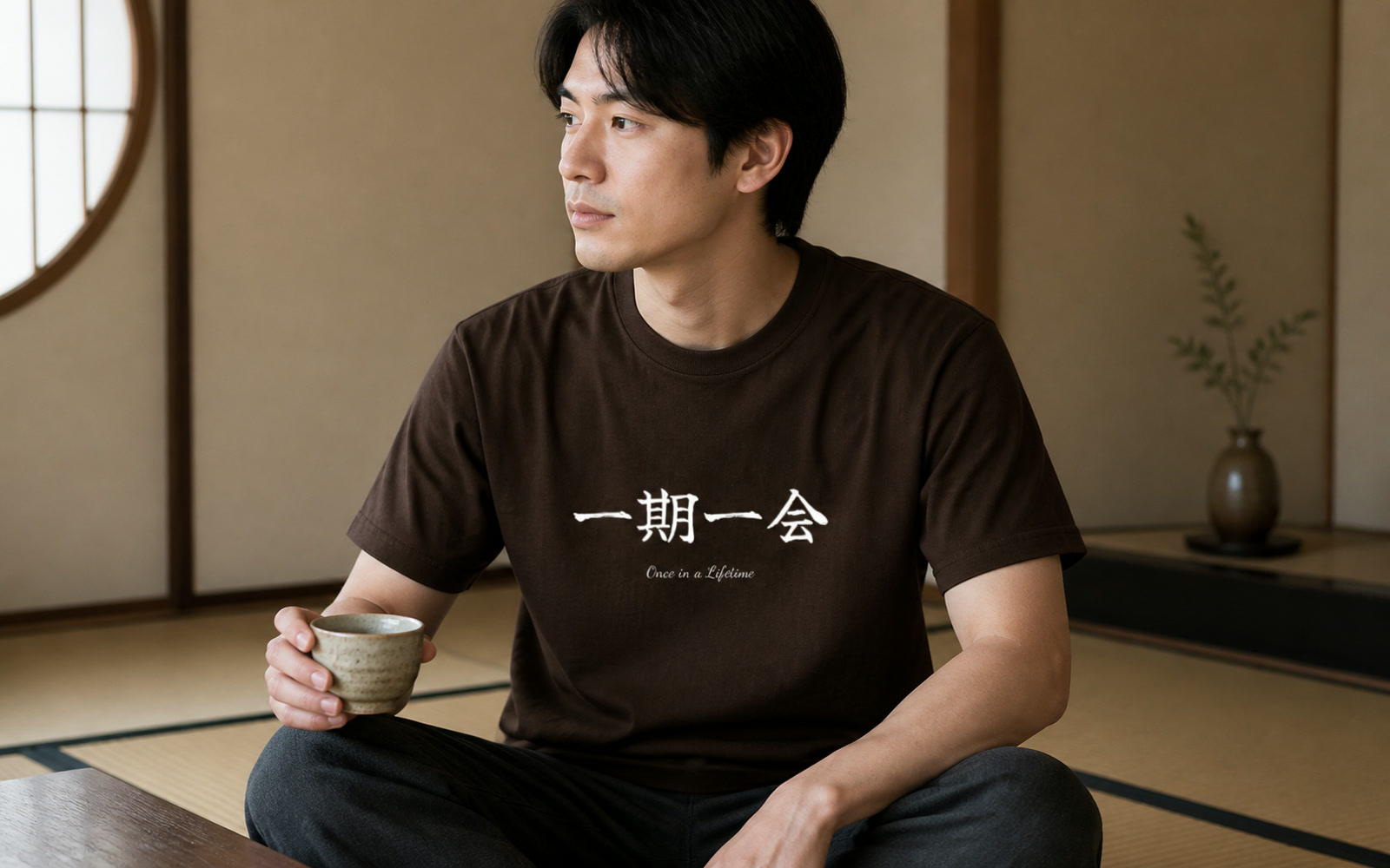 掛け軸のある和室で寛ぐ様子
