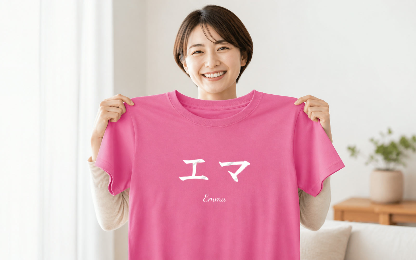 名入りTシャツを手に微笑む人物のポートレート